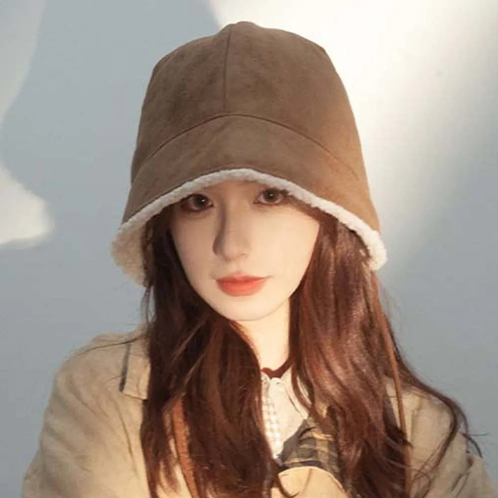 Retro Design Reversible Bucket Hat Double Sided Thick Fabric Winter Bonnet Solid Color Thermal Protection Suede Fleece Hat