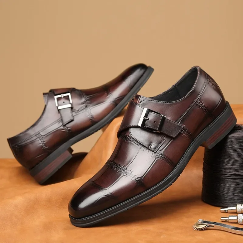 

New Genuine Leather Men Shoes Wedding Vintage Business Dress Leather Shoes Male Loafers Oxfords Casual Suit Munk Shoes