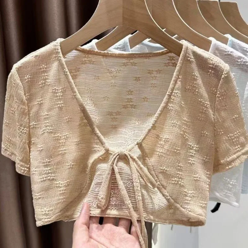 1pcs Summer Tie Up Cardigan Women Sexy Thin Short Sleeve Lace Coat Female Cardigan Paired With Camisole Long Skirt Lady Shawl image 5