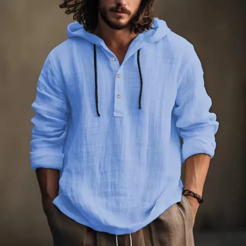 Spring 2026 Men's Linen Hooded Henley Shirt Breathable Lightweight Long Sleeve Casual Drawstring Button down Beach Vacation Top
