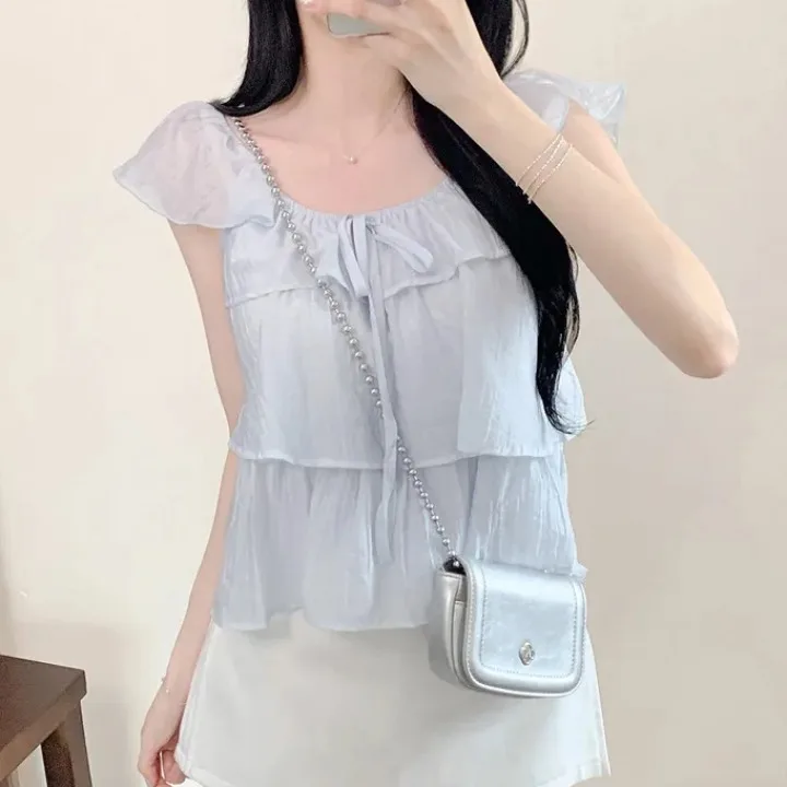 Chic Summer Women's Loose Chiffon Vest with Delicate Lace Sleeves And Waist Design Breathable And Comfortable Cotton Polyeste...