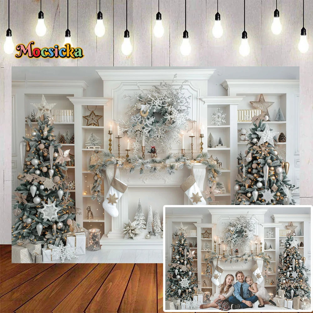 White Fireplace Background Christmas Kids Garland Xmas Tree Candles Backdrop Kids Family Winter Holiday Party Room Studio Photo