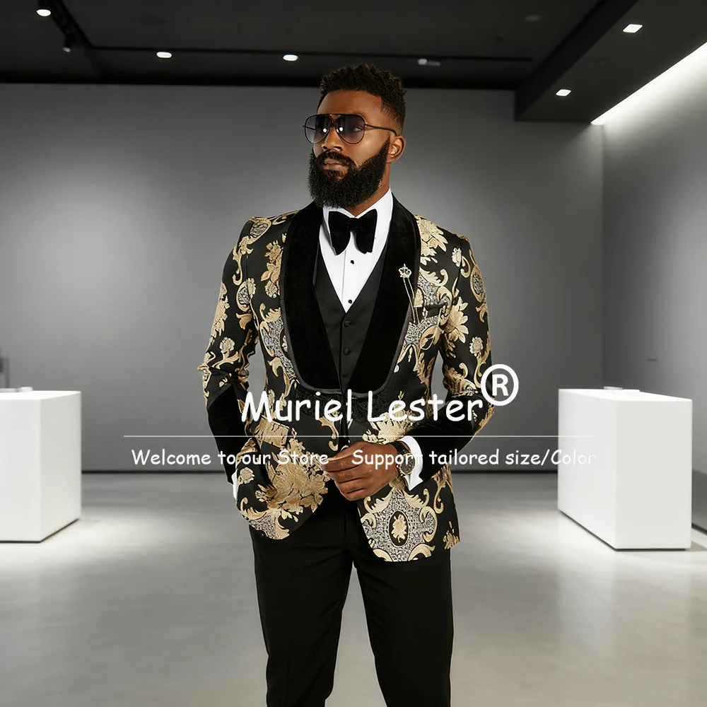 

Vintage Jacquard Suits Men 3 Pieces Sets Black Shawl Lapel Prom Blazer Customized Male Fashion Floral Print Groom Wedding Tuxedo