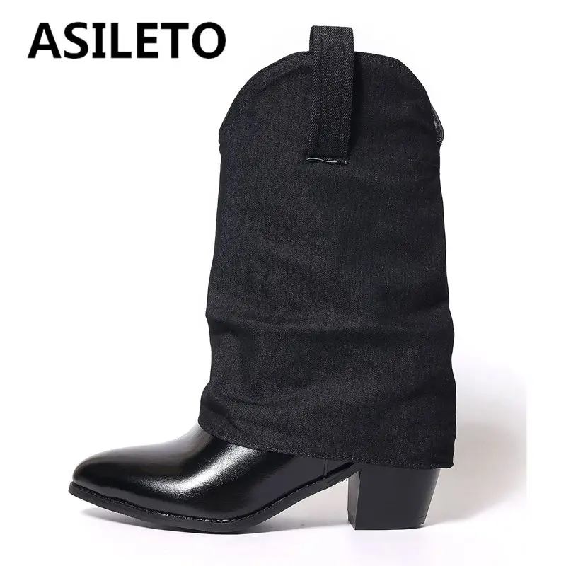 ASILETO Fashion Cowboy Mid Calf Boots Pointed Toe Block Heels 6cm Slip On Mixed Color Large Size 46 47 48 Casual Western Bota