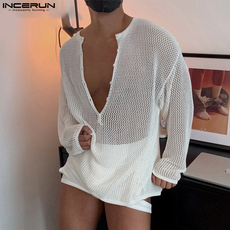 

INCERUN Men Sweater Solid V Neck Long Sleeve Hollow Out See Through Male Pullovers Streetwear Loose Fashion Casual Men Clothing