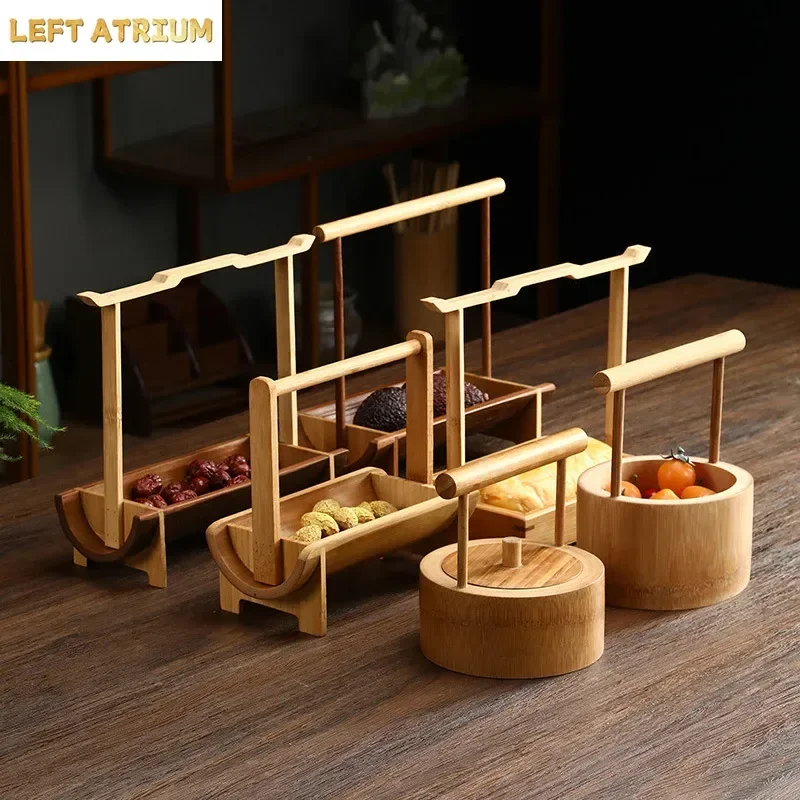 Portable Bamboo Carry Snack Basket Desktop Refreshment Box Dried Fruit Tray Storage Fruit Snack Basket Dessert Plate