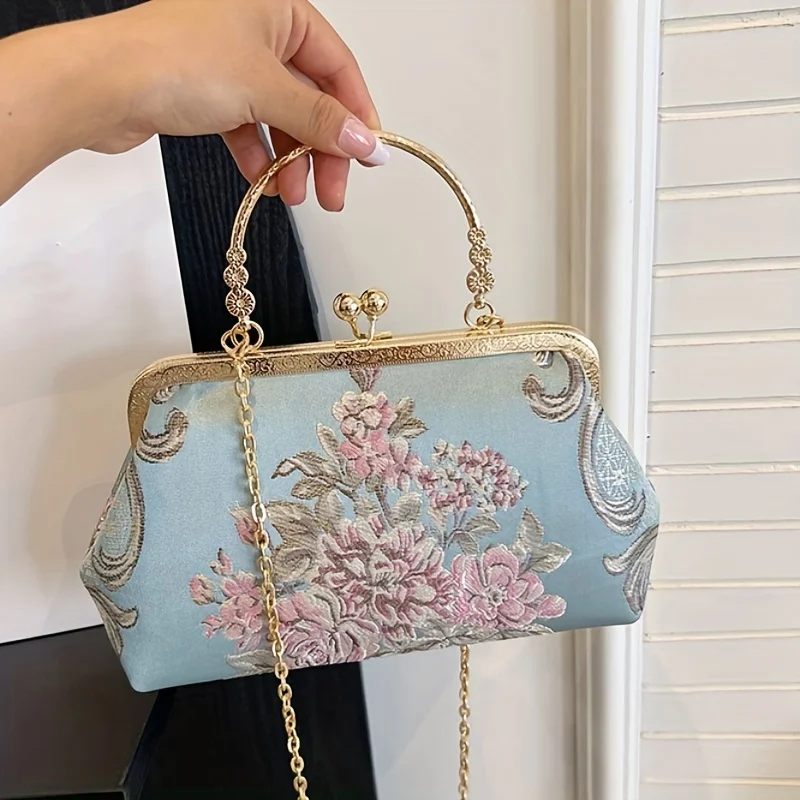 

Vintage Floral Embroidered Frame Bag - Perfect for Formal Events, Banquets, and Parties - Can be Used as a Shoulder Bag or Handb