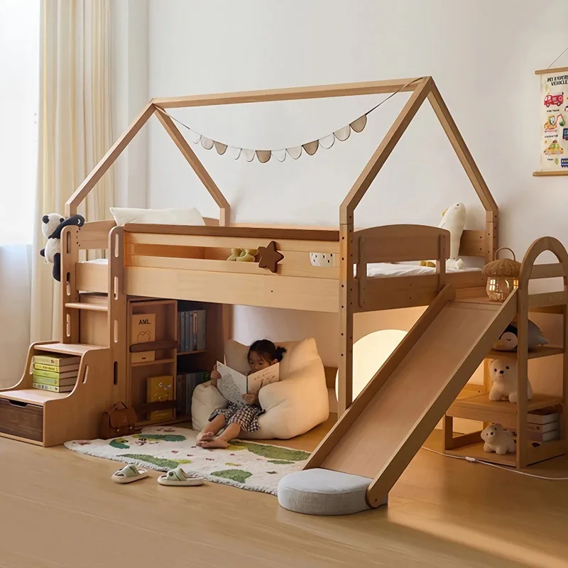 Flying house castle slide solid wood beech half height bed boy girl treehouse bed