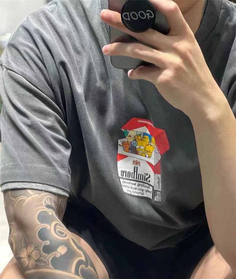 Summer Top EPIDE Cigarette Box Print Retro Short Sleeved High Street Casual Loose Vintage T-shirt Oversize Washed Pure Cotton
