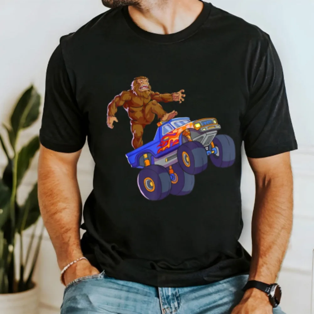 Bigfoot Riding Monster Truck Funny Sasquatch Monster Truck T-Shirt Gorilla Lover Tops O-neck Short Sleeve Graphic Clothes