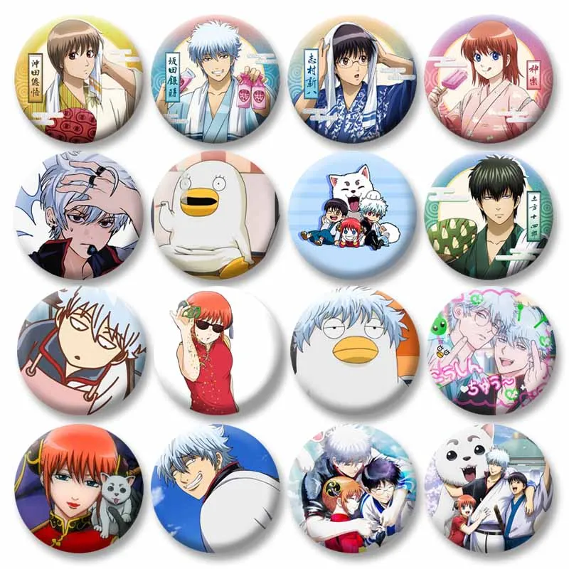 Anime GinTaMa Character Button Pins Sakata Gintoki Kagura Hijikata Toushirou Carton Badge Tinplate Round Brooch Accessory Gifts