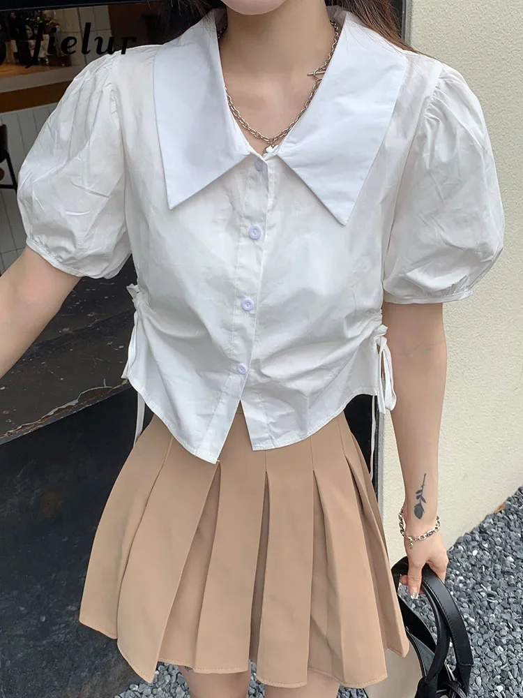 

Jielur Summer New Solid Color Slim Women Shirt Sweet Ladies Elegant Shirt Woman White Blue Basic Simple Puff Sleeve Top Female