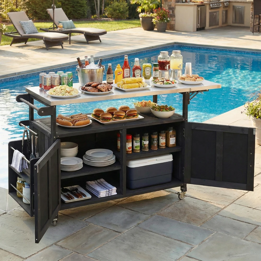 Isla de Cocina Plegable para Exteriores Ye - Carrito de Cocina Móvil para Patio con Ruedas Bloqueables, Gabinete de Almacenamiento y Toallero, Negro, para Patio y Uso en Exteriores