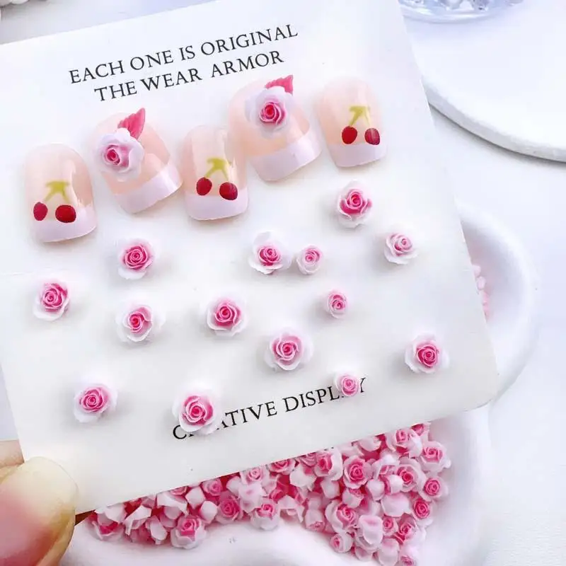 Luminous Pink White Rose Flowers Nail Charms Random Mixed Mini Rose Buds Resin Nail Art Decorations Accessories for Manicure DIY