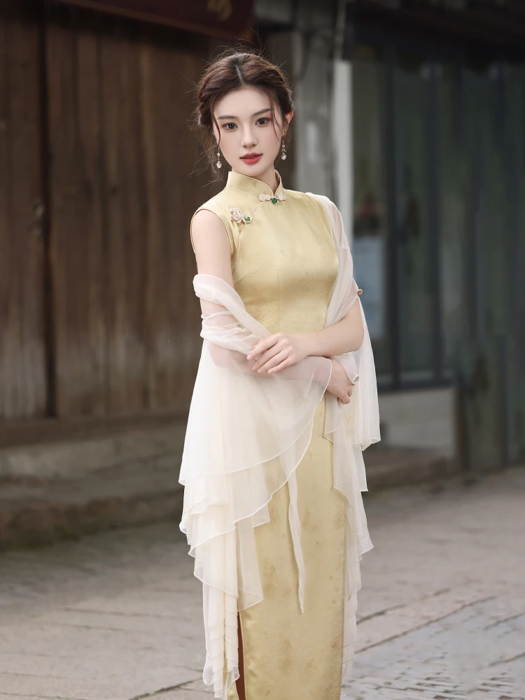 

Ting Yue Ling Golden Young Style Slim Fit Dress New Chinese Style Daily Wear Elegant Middle Length Qipao Skirt