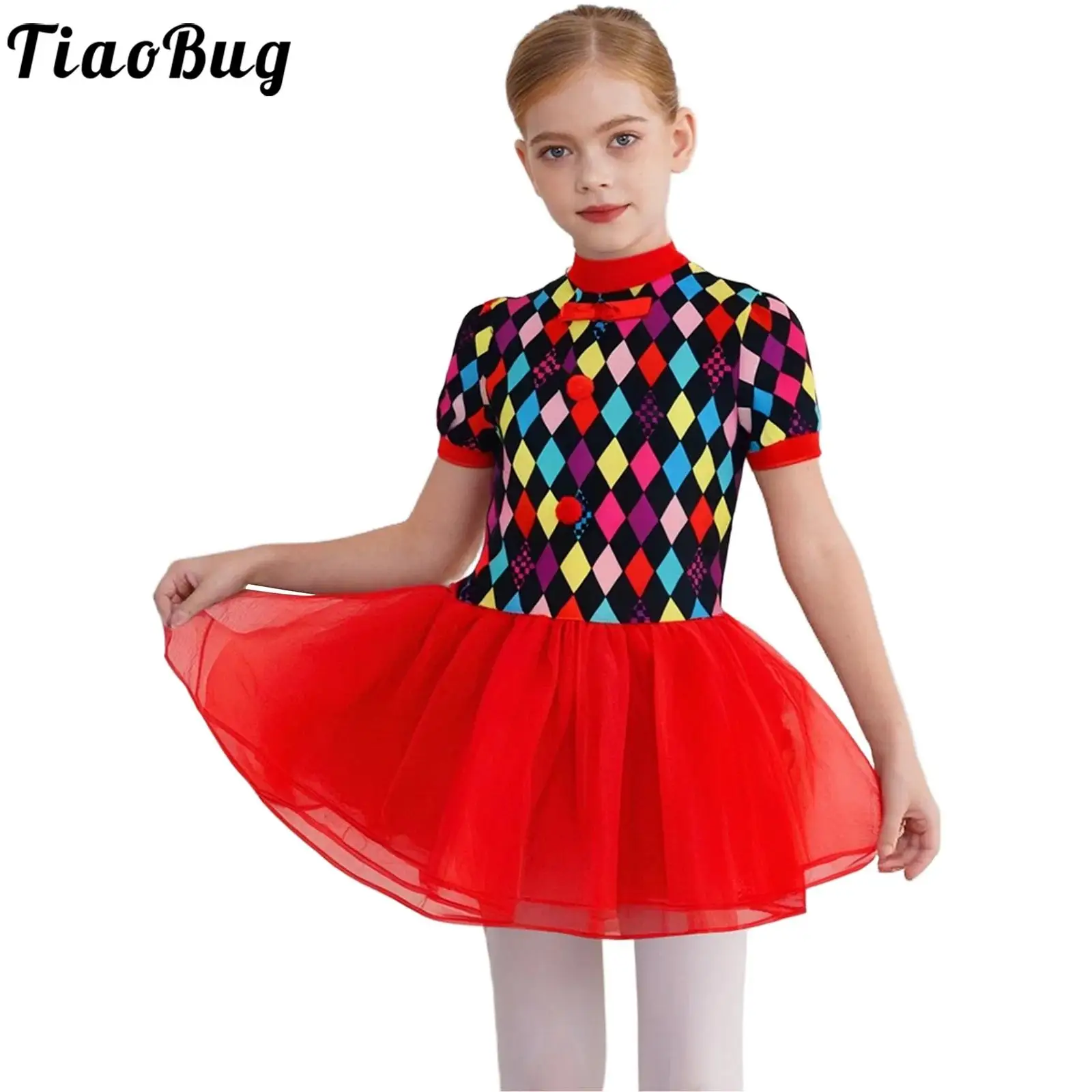 

Girls Clown Cosplay Halloween Costume Dance Circus Dress Up Short Sleeve Puffy Mesh Tutu Dress for Themed Party Performance