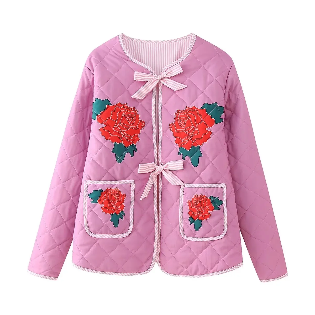 Women\'s Popular Rose Printed Butterfly Knot Cotton Jacket