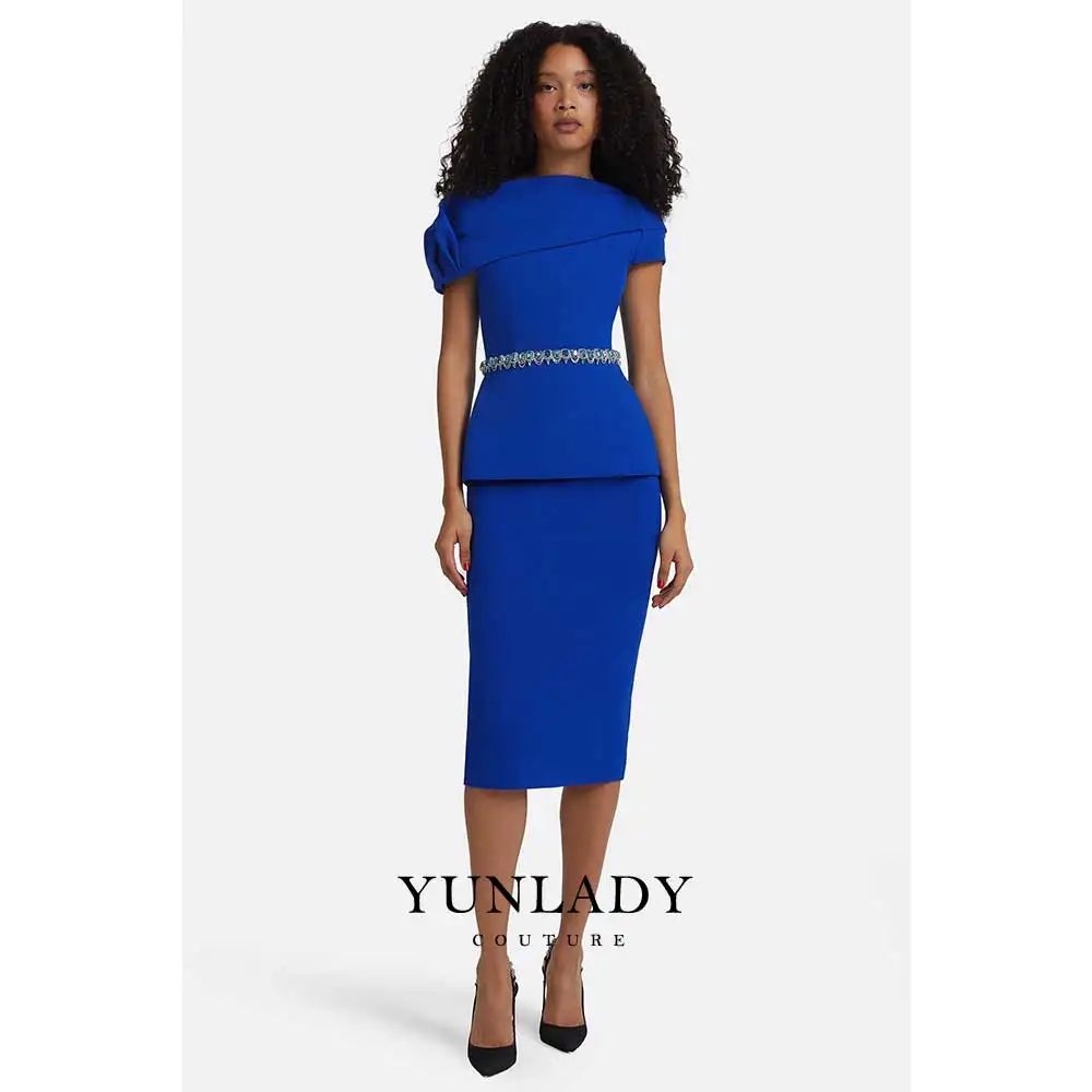 Customized Party Dresses for Women 2026 Short Sleeves Modern Party Gowns Beading Belt 2 Pieces Tea Length Midi Cocktail Dresses