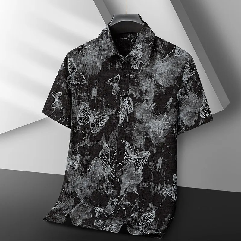 

2026 Summer Lyocell Short Sleeved Shirt for Men Butterfly Printed Casual Business Dress Shirts Versatile Social Hawaiian Shirt