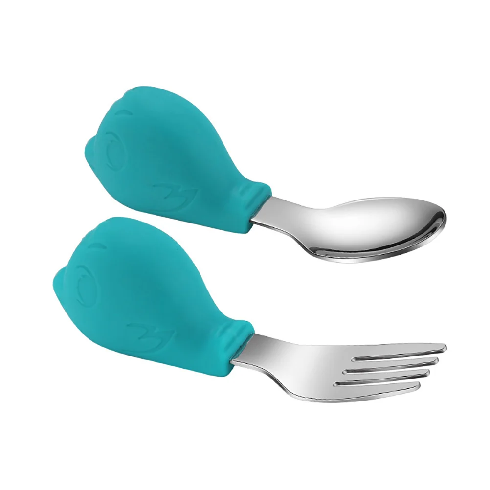 

Stainless Steel Silicone Spoon Fork Baby Cutlery Toddler Tableware Training Utensils Heat Resistant Soft Handle Independent