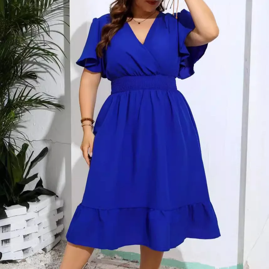 Ele مقص الخصر V-Ne اللون بالإضافة إلى حجم Dr Gentle Sle Tee-Quarter Sve Midi Dr عبر الحدود Faion