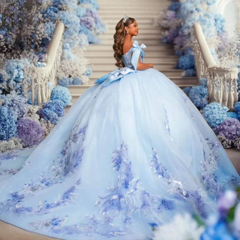 

Небесно-голубые платья для Quinceanera с открытыми плечами, аппликацией, кружевом, бисером, тюлем, корсетом, для вечеринки, дня рождения, Sweet 16, Vestidos 15 Anos