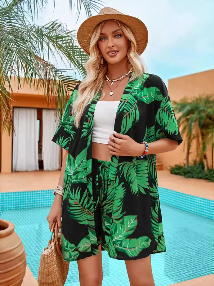

2025 European American Summer New Women Clothing Print Casual Holiday Style Cardigan Shorts Set Two Piece Sets Womens Outifits