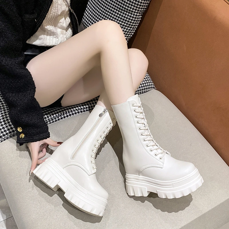 Women\'s Martens Boots PU Leather White Ankle Boots Autumn Winter Motorcycle Boots Fashion Female Chunky Heel High Platform Shoes