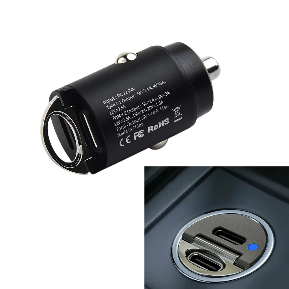 Vehicle Phone Charger Adapter Mini Dual USB-Type-C PD 30W Fast Battery Charging 20.5x39.8mm Alloy Aluminum Electrical Equipment