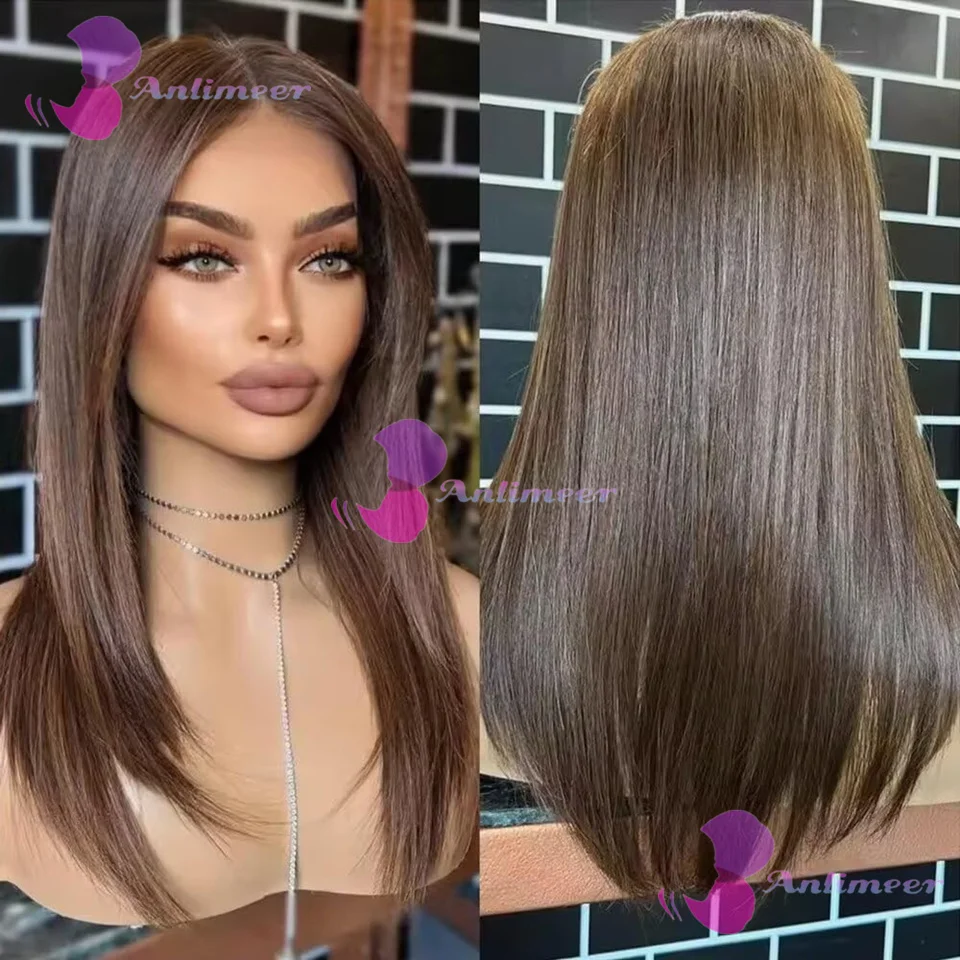 Perruques brésiliennes en cheveux humains lisses et soyeux, brun foncé, sans colle, pré-épilées, avec closure en soie 5x5 et nœuds blanchis, perruques 360 Lace