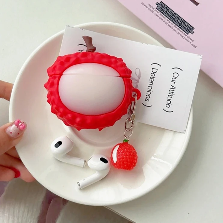 

for AirPods 1/2 3 4 Pro 2 case Fun Creative Simulation Red Stereoscopic Litchi Silicone Protective Sleeve Pendant Earbuds Cover