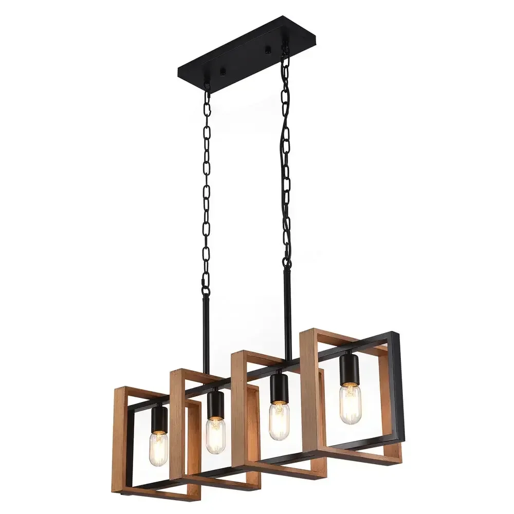 

4-Light Farmhouse Chandelier – Rustic Wood Pendant Ceiling Lamp Fixture for Island, Dining, or Living Room Spaces