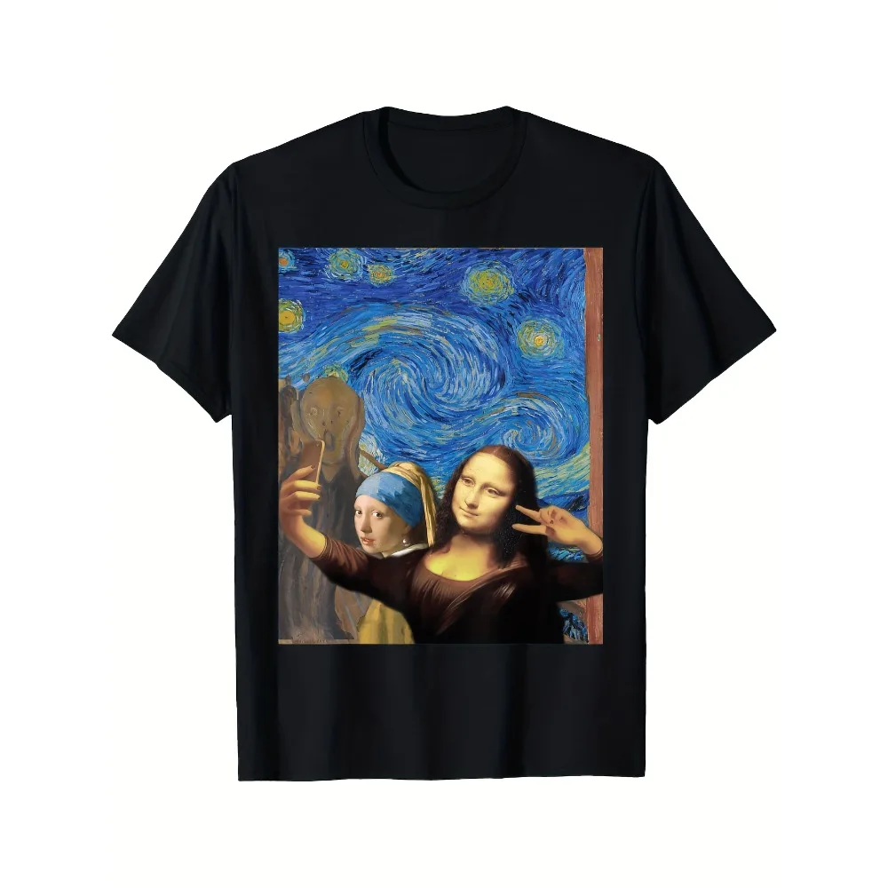 1pc Mona Lisa & Van Gogh Starry Night Selfie Graphic Tee - Art History Fusion Shirt, Soft Breathable Cotton Crew Neck T-Shirt for Men & Women, Lightweight Everyday Casual Wear (Sizes S-XXXL) - Perfect Gift for Art Lovers