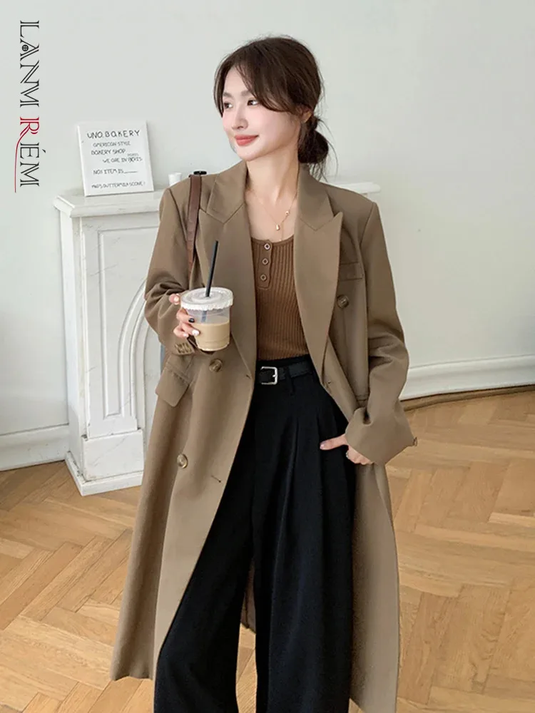 LANMREM Office Lady Long Blazer For Women Notched Double Breasted Solid Color Fashion Coat 2025 Spring New Clothing 2Z2527