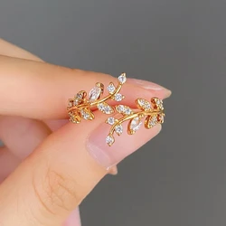 Leaf Shape Design Adjustable Opening Rings for Women Sparkling Cubic Zirconia Olive Ring Party Daily Wear Fashion Jewelry