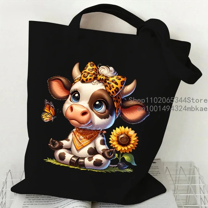 Canvas Tote Bag Cow Leopard Bow Pattern Women Handbags Dairy Cattle Sunflower Shoulder Tote Bag Cartoon Animal Teen Canvas Bags