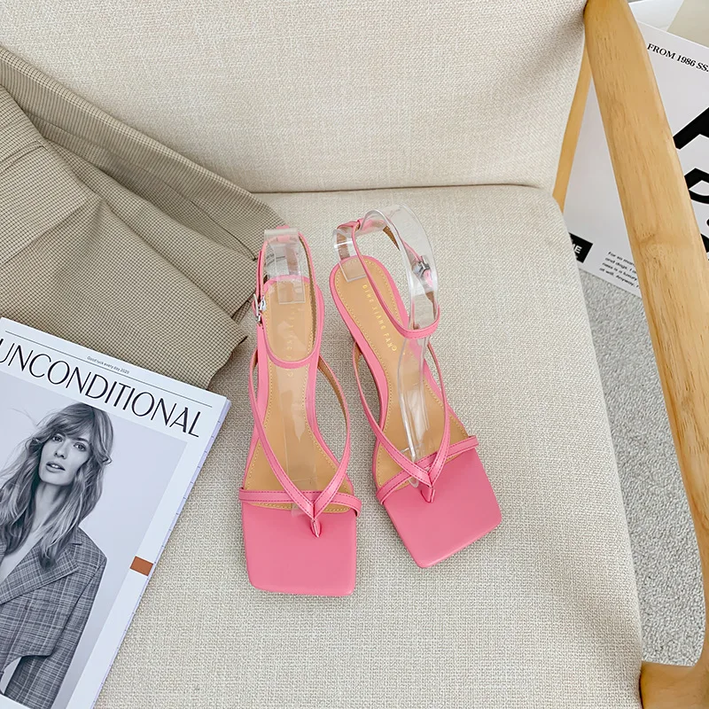 Mid-Calf Strap Female Sandal 2024 Women\'s Spring Shoes Open Toe Buckle High Heels Candy Colors Girls New Beige Low Peep Comfort