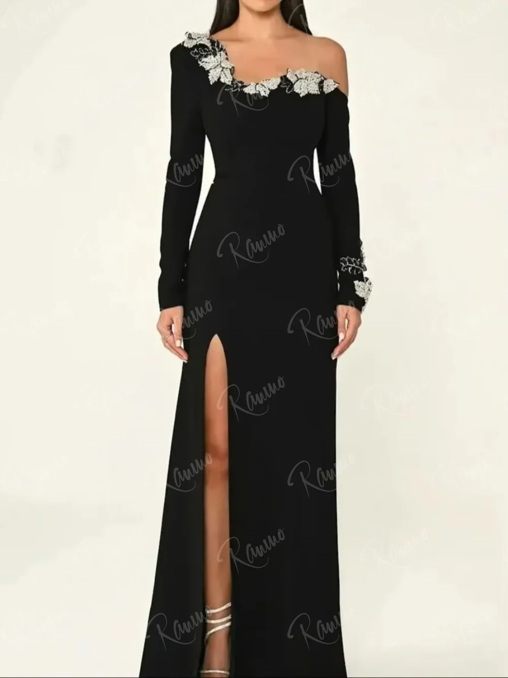 

Ranmo Customized Celebrity Prom Dress Long Sleeves Slit Party Gown Vestidos De Fiesta Pleated Beading Floor Length Evening Dress