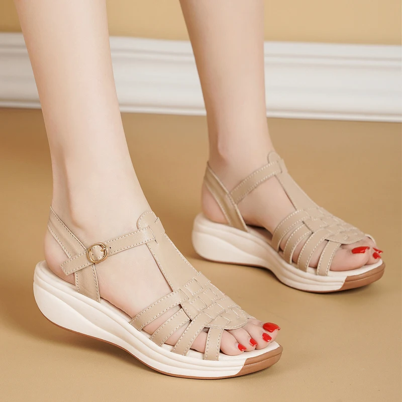 الكاحل مشبك صندل خشبي للنساء صيف 2024 المرقعة منصة تنفس الراحة عدم الانزلاق لينة وحيد صنادل طراز جلاديتور #5