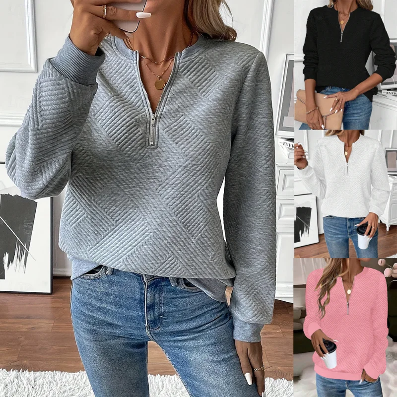 Damen-Hoodie, europäischer und amerikanischer Herbst-Winter, neuer Stil, lässig, einfarbig, minimalistisch, halber Reißverschluss, lange Ärmel, lockerer, vielseitiger Kapuzenpullover