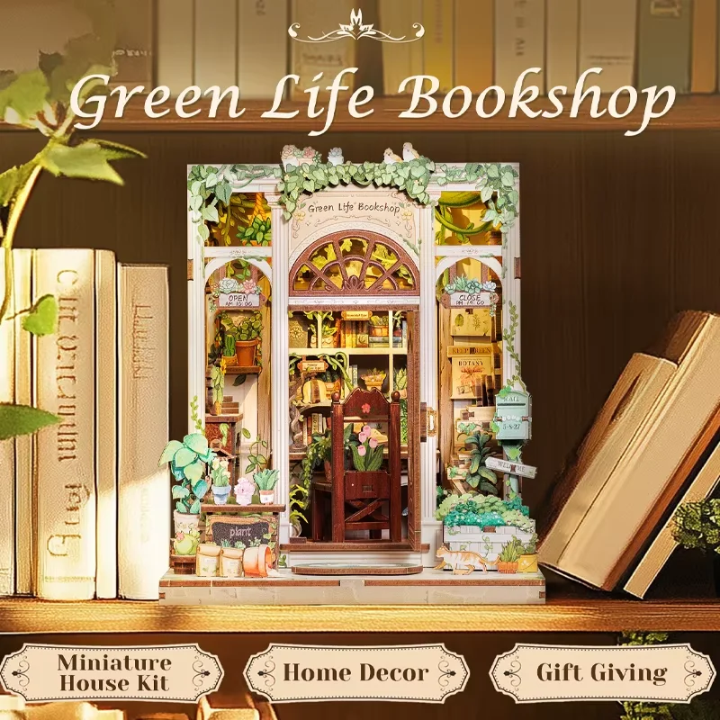 

CUTEBEE Book Nook Kit DIY Wooden Doll House with Touch Light Green Life Bookshop Miniature Model for Amazing Gifts Home Decor