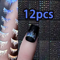 12pcs Gilded Sparkling Tassel Nail Sticker Set Hot Stamping Silver Laser Gradient Aurora Nail Art Slider Relief French Decal Kit
