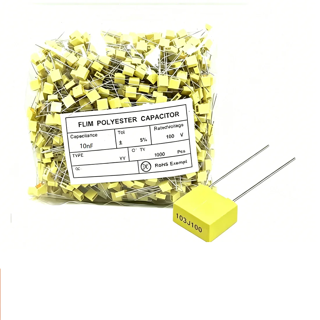 50PCS　63V/100V Correction Film Capacitor Kit 10nF/22nF/33nF/47nF/100nF, 5mm Pitch Polyester Capacitors