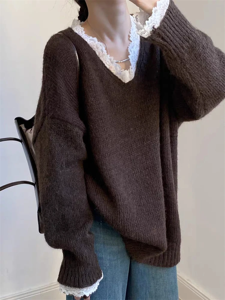 New Autumn Winter Elegant V-neck Lace Women's Long-sleeved Sweater Fashion Loose Knitted Shirt Casual Solid Color Pullover