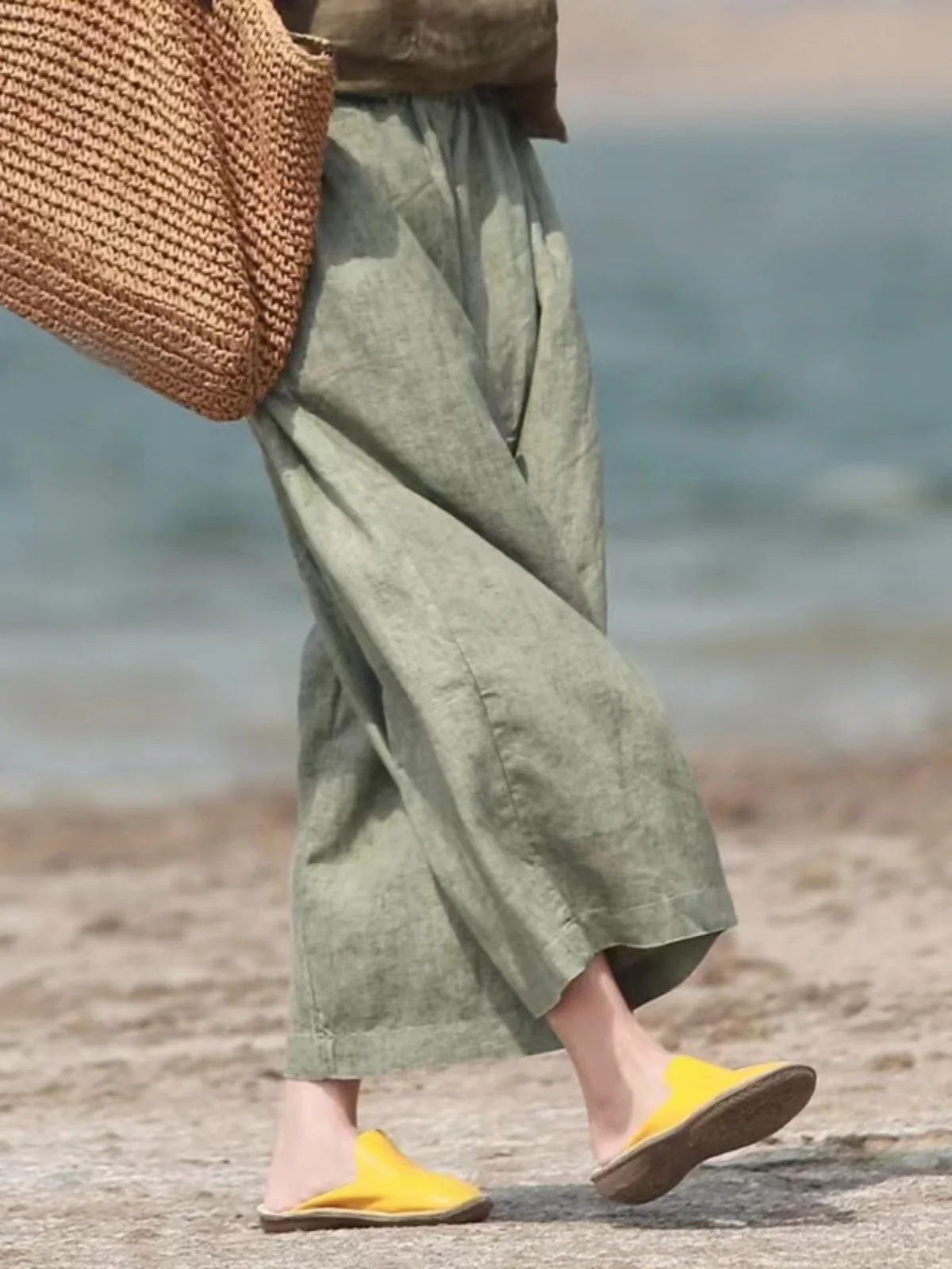 하이엔드 여성 의류 솔리드 컬러 슬리밍 바지 여름용 코튼 린넨 루즈핏 얇은 니모어 벨 바닥 다리