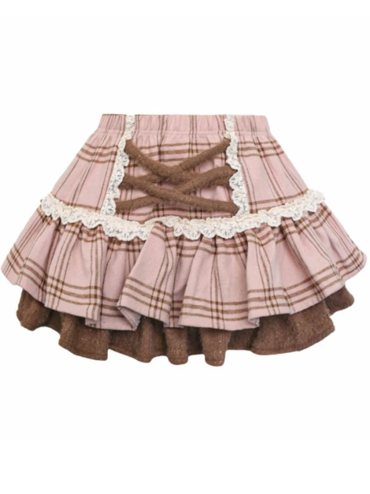 Japoński zestaw Sweet Lolita, dwuczęściowy, damski, bluzka z długim rękawem i kokardą + mini spódniczka w kratę, zimowy, kobiecy, kawaii, modny zestaw, nowość 2025