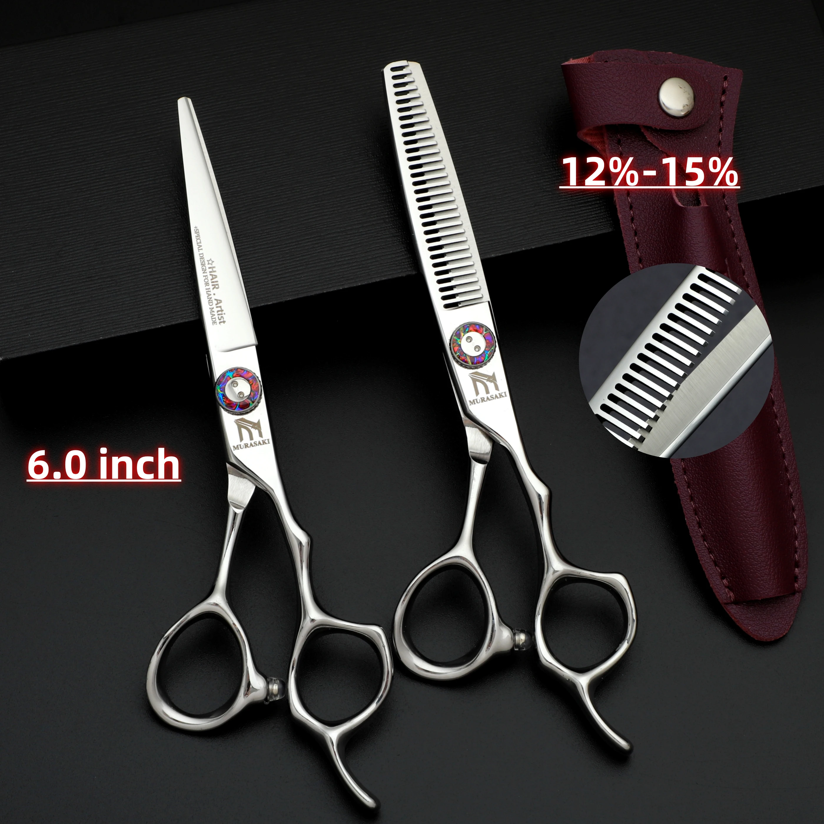 

MURASAKI Professional hairdressing scissors，6.0 inch barber scissors set，Hitachi 440C steel，High quality barber shop accessories