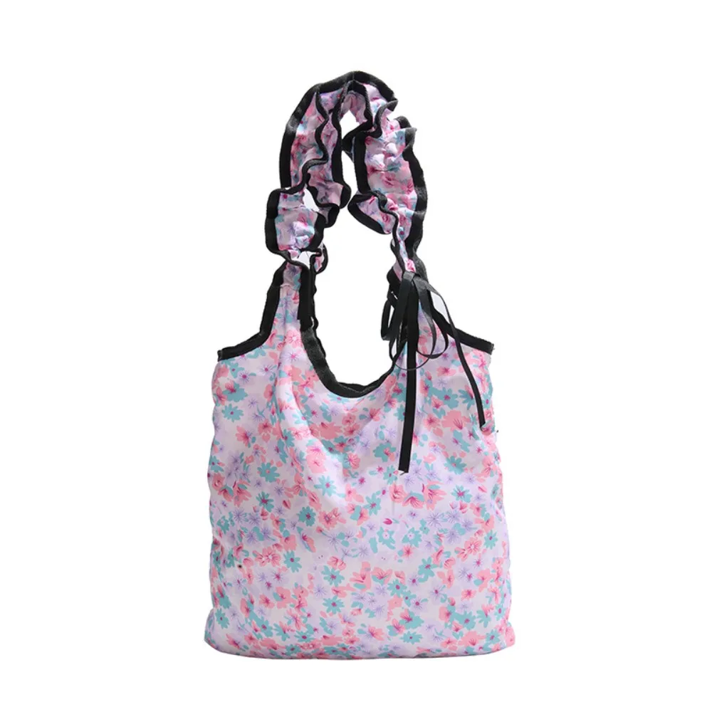 

Beautiful Sweet Bow Floral Shoulder Bag Large Capacity Korean Style Nylon Shopping Pouch Polyester Versatile Underarm Bag Travel