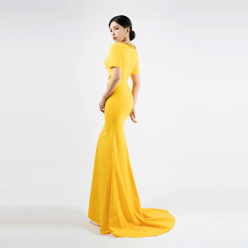 Noble Evening Gown Annual Meeting Dress Custom Elegant For Host Socialite Beaded Fish Tail Short Sleeve Yellow Long Skirt H70