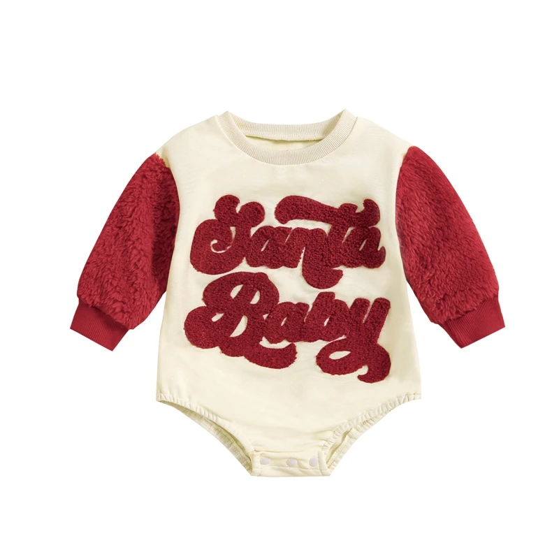 

Toddler Baby Girls Christmas Romper Long Sleeve Santa Baby Embroidery Contrast Color Fuzzy Casual Sweatshirt Clothes